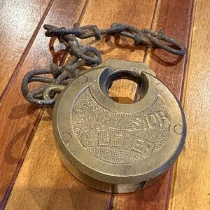 Excelsior 6 Lever Brass Vintage Pancake Padlock with Chain No Key